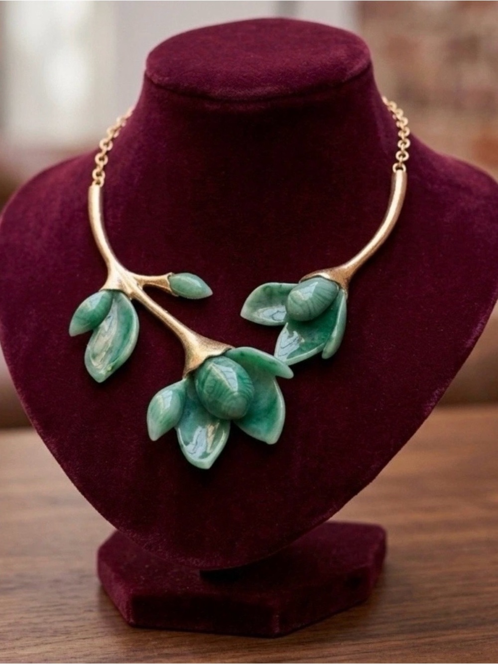 Art Nouveau Artisanal Flower Necklace Museum Magnolia Floral Jade Gold Botanical